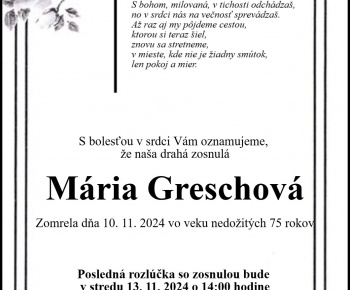 Aktuality / Zosnulá Mária Greschová - parte  - foto